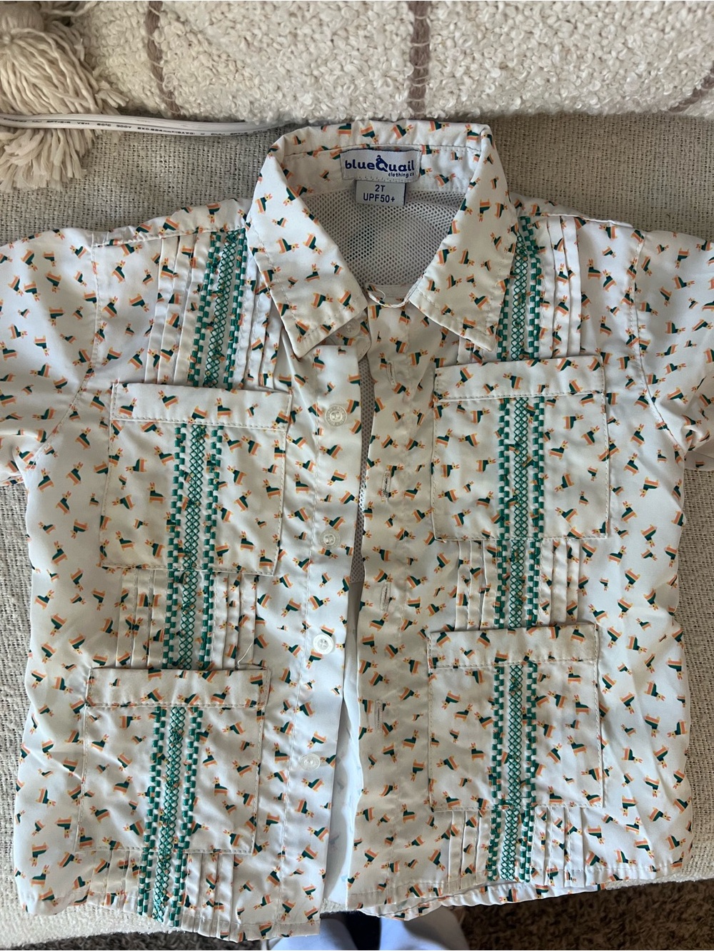 Blue Quail UPF 50 2T white button shirt - fiesta print